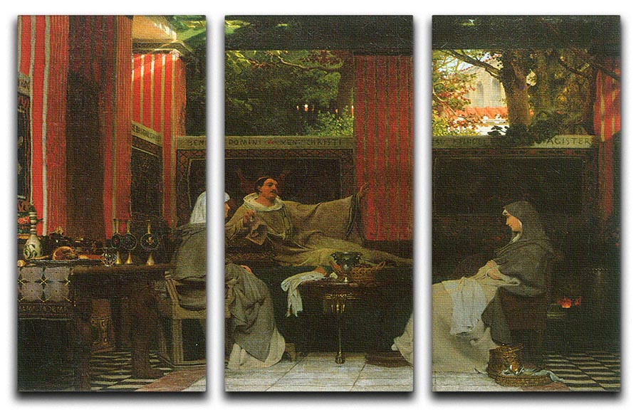 Three-panel canvas art featuring Venantius Fortunatus Radegund VI by Alma Tadema, showcasing vibrant colors and intricate details.